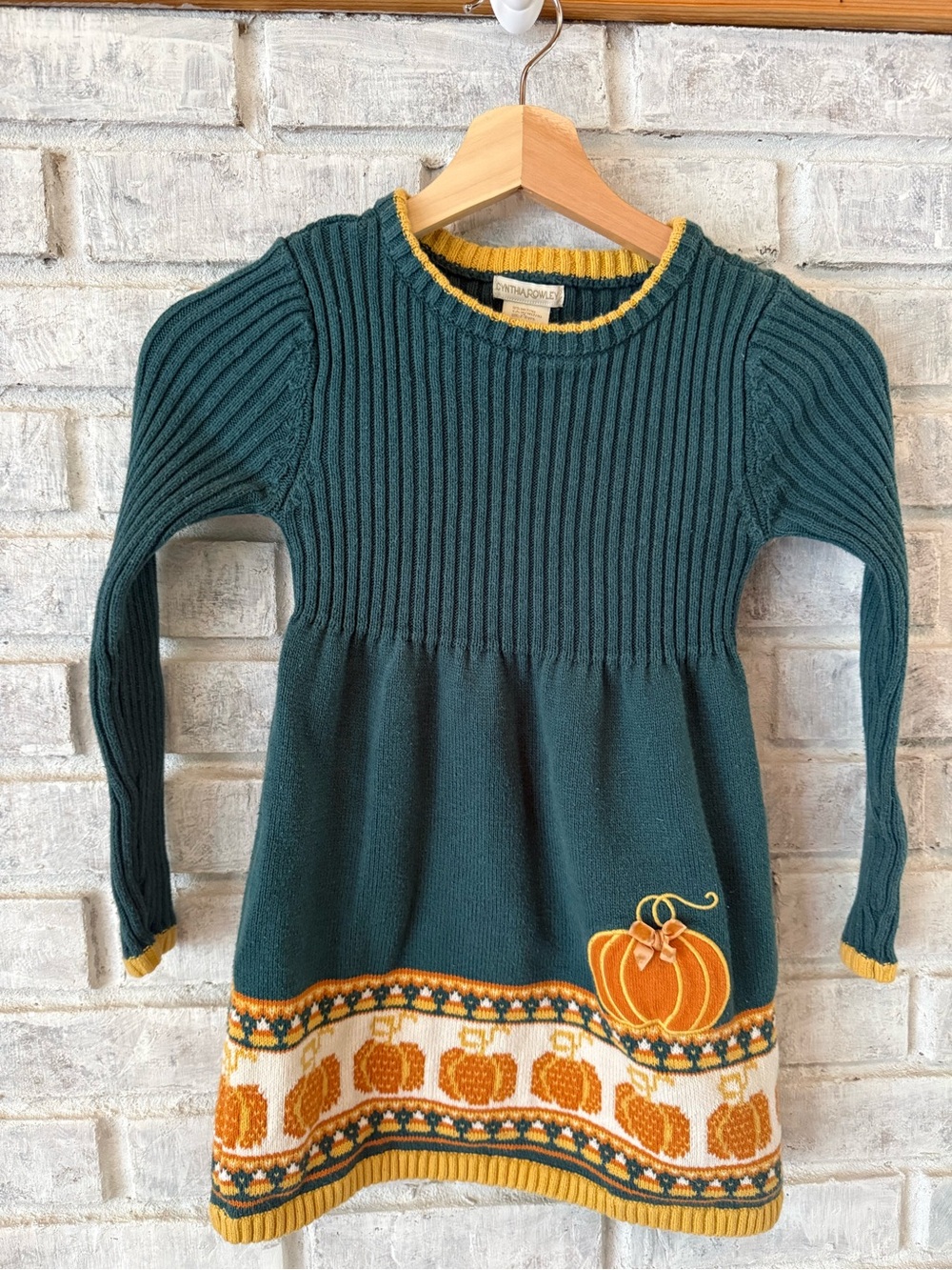 Vintage Cynthia Rowley Dark Green Knit Dress with Yellow Trim & Pumpkin Motif